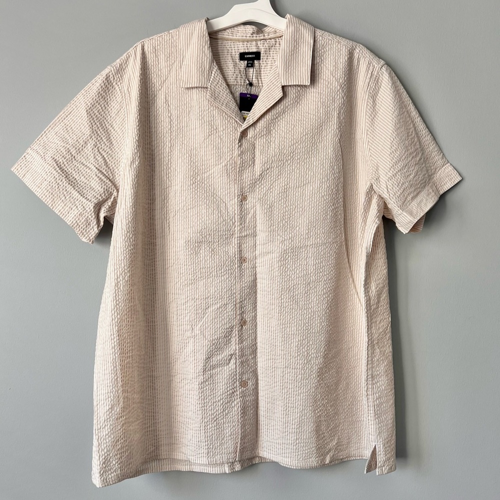 Express Men's Seersucker Tan & White Stripe Shirt Size XXL